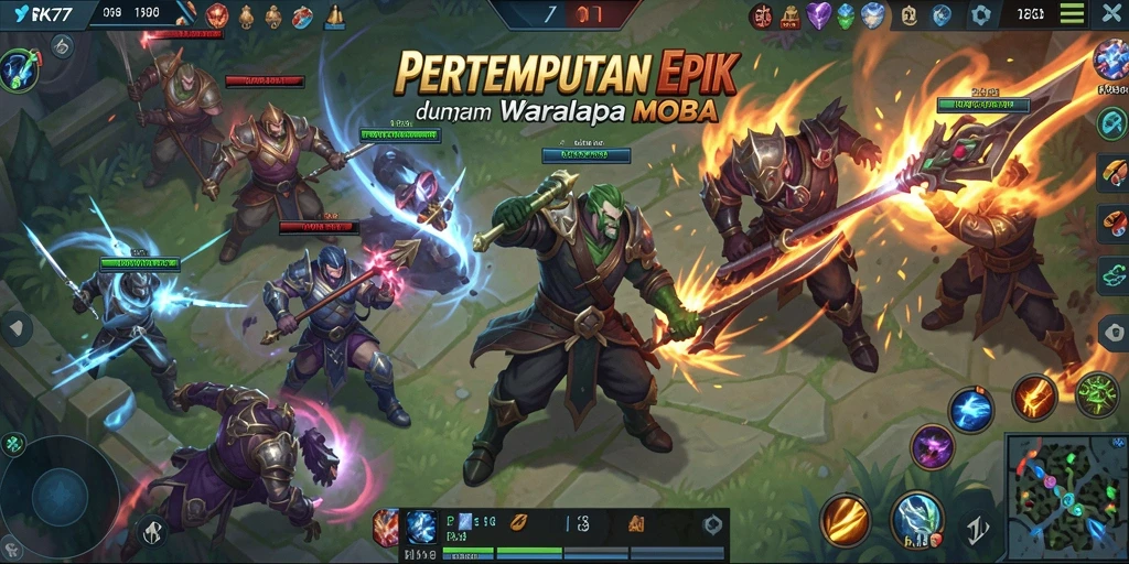 Screenshot utama RK77 menampilkan pertempuran seru dalam gameplay MOBA.